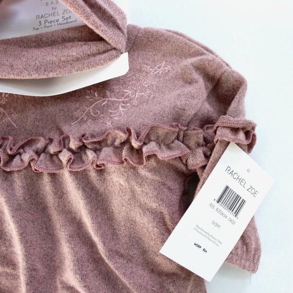 RZ Baby by Rachel Zoe 3 Piece Set Long Sleeve Top, Pant & Headband 0-3M - Picture 5 of 5